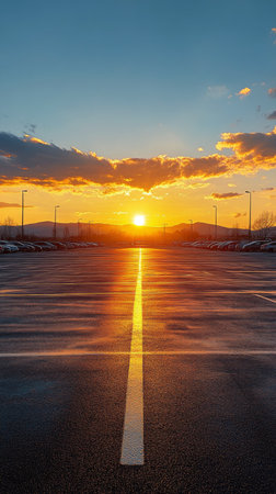 A tranquil parking lot is illuminated by a stunning sunset, with warm hues of orange and pink reflecting off the asphalt as cars are lined up on either side.の素材