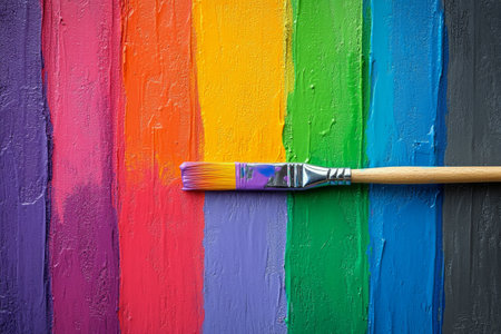 A brush rests on a textured surface, surrounded by bold stripes of paint in various colors, emphasizing creativity and artistic expression in a lively arrangement.の素材