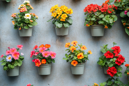 Brightly colored flower garlands hang on a textured wall, creating a lively atmosphere. The arrangement features a variety of flowers, enhancing the festive decor.の素材