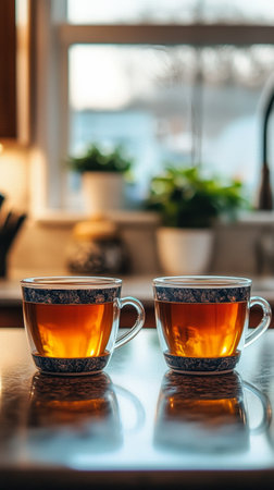 Two clear cups filled with amber tea sit on a granite countertop, illuminated by afternoon sunlight streaming through the window, creating a cozy atmosphere.の素材
