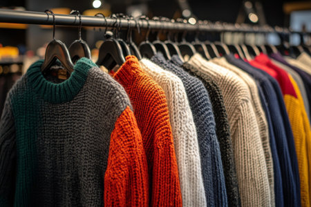 Warm knitted sweaters in various colors hang neatly on a rack inside a boutique, showcasing a cozy autumn atmosphere. The inviting display highlights seasonal fashion choices.の素材