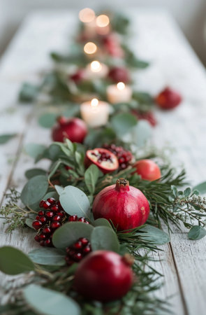 A collection of ripe red pomegranates, light-colored fruits, and eucalyptus leaves are arranged artistically on a weathered wooden surface, showing a natural aesthetic.の素材