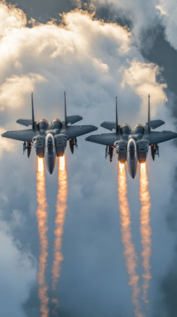 Two military jets fly in formation above a scenic coastal region, with lush greenery and a sparkling waterway visible below. Soft clouds fill the sky.の素材