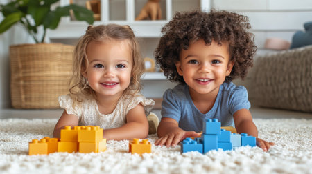 Two joyful children are laying on a soft rug, playing with vibrant building blocks in shades of blue and yellow, surrounded by a cozy living room setting.の素材