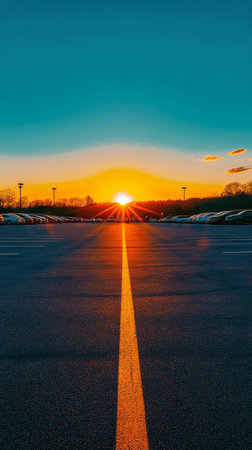 A tranquil parking lot is illuminated by a stunning sunset, with warm hues of orange and pink reflecting off the asphalt as cars are lined up on either side.の素材