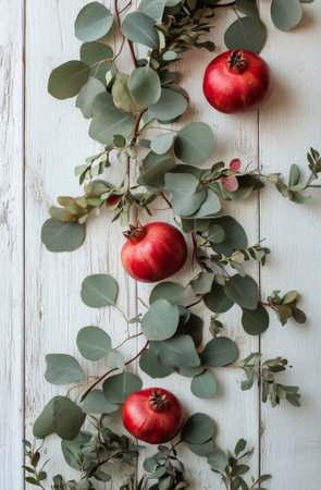 A collection of ripe red pomegranates, light-colored fruits, and eucalyptus leaves are arranged artistically on a weathered wooden surface, showing a natural aesthetic.の素材