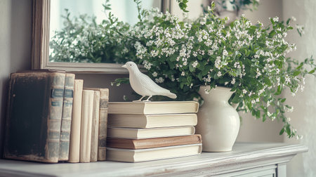 A white bird figurine sits gracefully atop a stack of books. Nearby, a vase with flowers adds elegance to the calm indoor space, reflecting natural beauty and tranquility.の素材