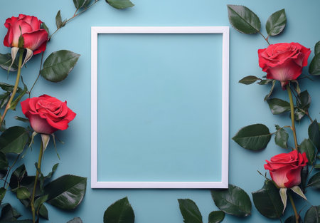 A decorative frame surrounded by vibrant pink roses and lush green leaves creates a charming atmosphere. The cool blue background enhances the beauty of the arrangement.の素材