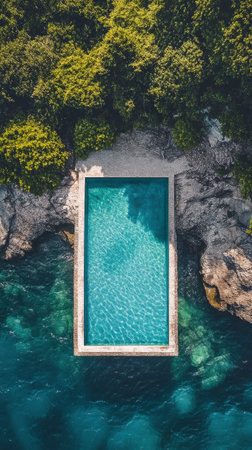 A stunning swimming pool is perched on a rocky cliff, providing breathtaking views of the deep blue ocean. The clear water invites relaxation in this tranquil setting surrounded by nature.の素材
