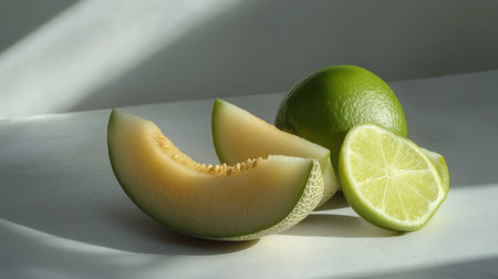 Slices of juicy melon and bright green limes are artfully placed in a shallow bowl on a white surface, illuminated by soft sunlight and surrounded by fresh leaves.の素材