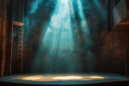 A circular stage awaits performers under vibrant lighting in a dimly lit theater. Smoke enhances the mysterious ambiance, hinting at the excitement of a forthcoming show.の素材