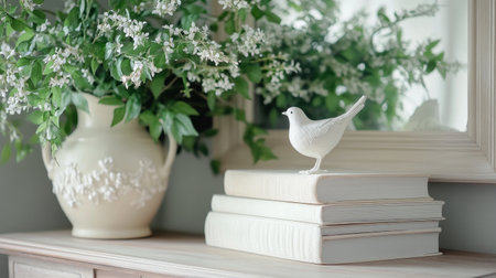 A white bird figurine sits gracefully atop a stack of books. Nearby, a vase with flowers adds elegance to the calm indoor space, reflecting natural beauty and tranquility.の素材