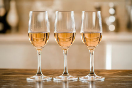 Four sparkling champagne glasses are arranged on a rustic wooden table, reflecting warm light in a cozy atmosphere ideal for celebrations or gatherings.の素材