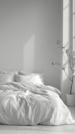 A serene bedroom featuring a white bed covered in soft bedding, illuminated by natural light filtering through sheer curtains. The atmosphere exudes tranquility.の素材