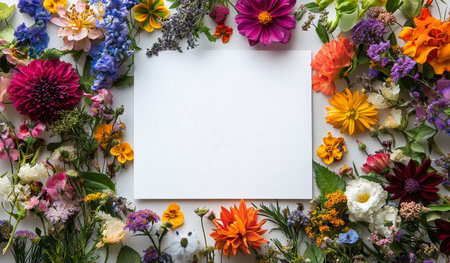A vibrant arrangement of various flowers encircles a blank white space, ideal for crafting designs or invitations. The flowers display an array of colors and shapes.の素材