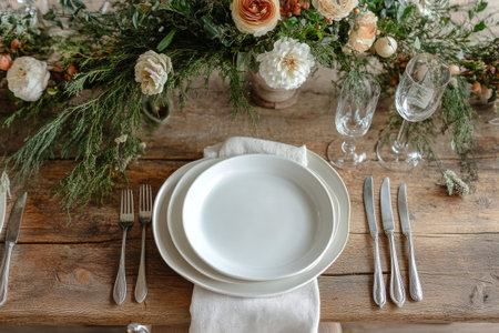 A beautiful dining arrangement featuring a white plate, glassware, and a floral centerpiece. Large windows showcase lush greenery outside, creating a calm atmosphere for diners.の素材