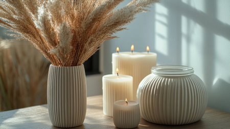 A stylish arrangement of dried flowers in a textured vase alongside various lit candles creates a warm, inviting atmosphere. Natural light enhances the peaceful ambiance.の素材