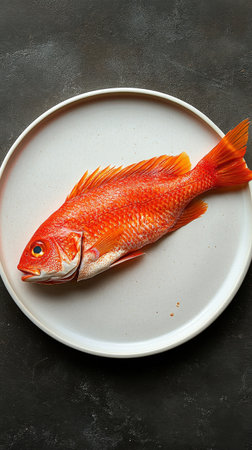 A stunning red fish rests on a plain white plate, showing its vivid colors and fresh appearance. This captures the essence of seafood ready for a delicious meal.の素材
