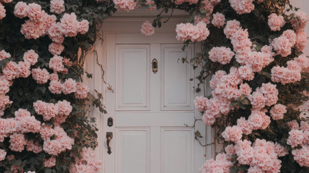 Pink roses cascade around a classic white door, creating a romantic entrance. The vibrant flowers bloom in a lush garden, enhancing the inviting atmosphere during spring.の素材