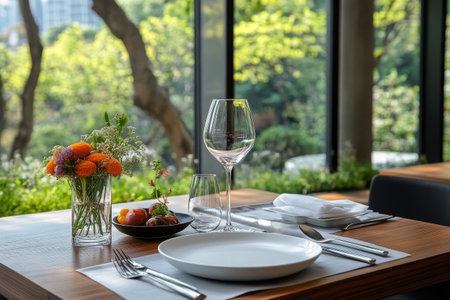 A beautiful dining arrangement featuring a white plate, glassware, and a floral centerpiece. Large windows showcase lush greenery outside, creating a calm atmosphere for diners.の素材