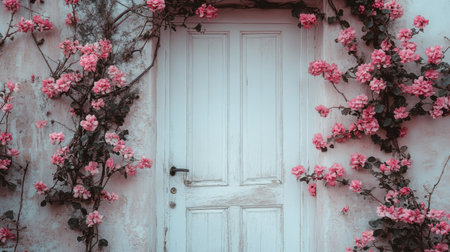 Pink roses cascade around a classic white door, creating a romantic entrance. The vibrant flowers bloom in a lush garden, enhancing the inviting atmosphere during spring.の素材
