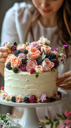 A person carefully places colorful flowers and berries on a beautifully frosted cake in a warm kitchen. The cake is adorned with delicate roses and vibrant blackberries.の素材