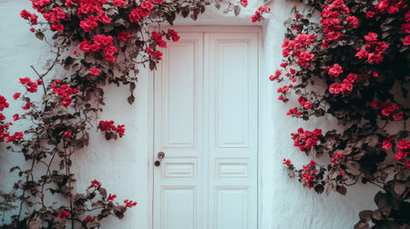 Pink roses cascade around a classic white door, creating a romantic entrance. The vibrant flowers bloom in a lush garden, enhancing the inviting atmosphere during spring.の素材