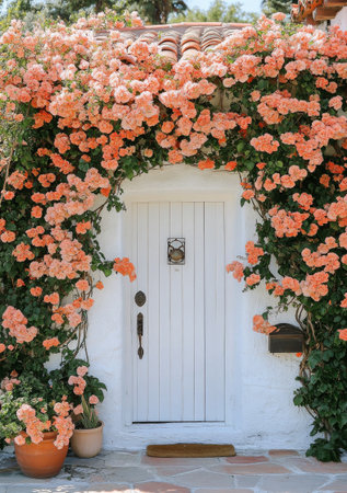 A white door framed by vibrant pink flowers creates a picturesque view. This charming setup showcases the beauty of nature in a serene outdoor environment during spring.の素材