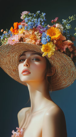 A woman showcases her beauty with striking blue eyes and a floral headdress. Her outfit features intricate embroidery and bright colors, reflecting cultural heritage.の素材