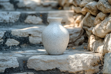 A simple white vase holds delicate flowers, sitting on textured stone steps illuminated by soft sunlight. The serene setting invites tranquility and appreciation for natures beauty.の素材