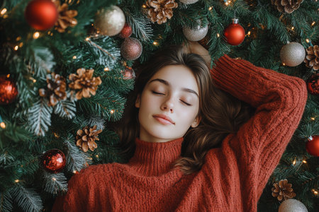 A young woman with curly hair rests peacefully on a plush rug, surrounded by twinkling lights and holiday decorations, creating a cozy festive atmosphere.の素材