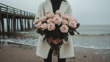 A woman stands on a sandy beach, holding a large bouquet of pink roses. The weather is overcast, and a wooden pier stretches into the water behind her.の素材