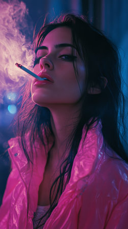 A young woman with curly hair is seen relaxing inside a caf, smoke rising from a cigarette in her hand. The warm lighting and calm atmosphere create a stylish ambiance.の素材