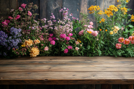 A rustic wooden table stands in front of a vibrant backdrop of assorted flowers in shades of pink, blue, and purple. The colorful floral arrangement creates a calming and inviting ambiance.の素材