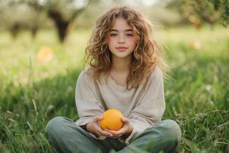 In a lush green field, a girl with curly hair sits cross-legged, holding an orange. Soft sunlight filters through the trees, creating a serene atmosphere around her.の素材