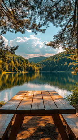 A wooden table is set with tea and snacks beside a calm lake surrounded by trees. The atmosphere is peaceful, and fog adds a mysterious touch to the tranquil scene.の素材