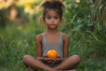 In a lush green field, a girl with curly hair sits cross-legged, holding an orange. Soft sunlight filters through the trees, creating a serene atmosphere around her.の素材