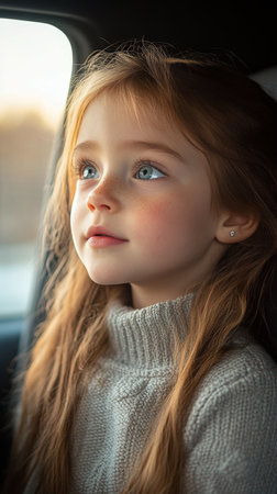 A young girl with long hair and bright blue eyes looks out the window of a car, lost in thought and curiosity. The soft light creates a warm, inviting atmosphere.の素材