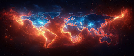 A digital visualization displays a world map filled with bright colors.の素材
