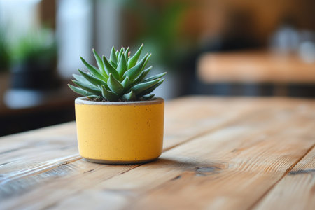 A small succulent plant sits in a light gray pot on a wooden table. The cafe features bright natural light and greenery in the background, creating a relaxed atmosphere.の素材