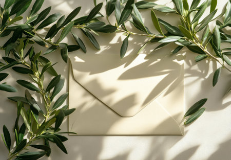A fresh olive branch lies next to a blank envelope on a smooth surface, illuminated by gentle sunlight that creates delicate shadows, enhancing the scenes tranquility and elegance.の素材