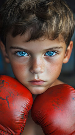 A determined young boxer stands ready to train, wearing bright red gloves. His intense blue eyes and freckles highlight his concentration and passion for the sport.の素材