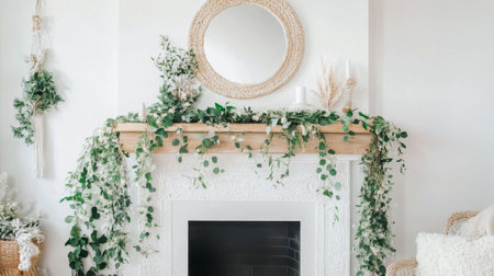 This elegantly styled fireplace features lush greenery, dried flowers, and a round mirror. The bright living room radiates warmth and invites relaxation.の素材