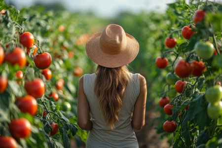 A woman wearing a straw hat stands amidst rows of vibrant tomato plants, observing the ripe red fruit under the bright sun. It is a peaceful moment in nature.の素材