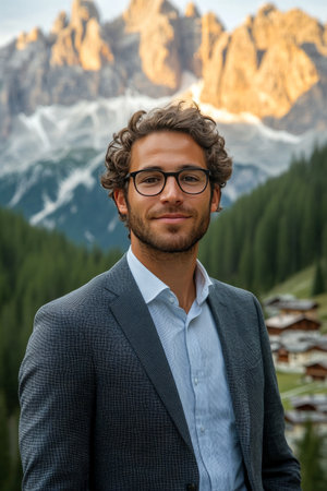 A young man stands in a suit against a stunning mountain backdrop during golden hour. His confident expression showcases the beauty of the Italian Alps surrounded by tall trees and village homes.の素材