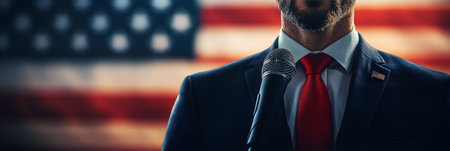 A well-dressed speaker stands confidently, holding a microphone, in front of a visually striking red background. The atmosphere suggests a formal public address or presentation.の素材
