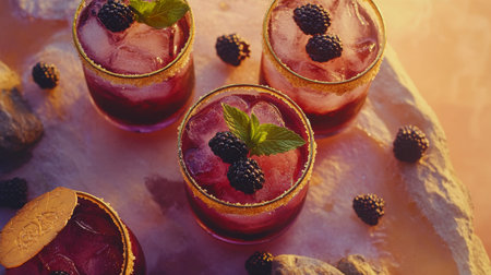 Three vibrant blackberry cocktails sit on a rocky surface, garnished with mint and surrounded by colorful flowers as the sunset casts a warm glow over the scene.の素材