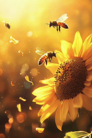 Bees gather nectar from a vibrant sunflower as sunlight filters through blooms, creating a warm and serene atmosphere filled with natures beauty and activity.の素材