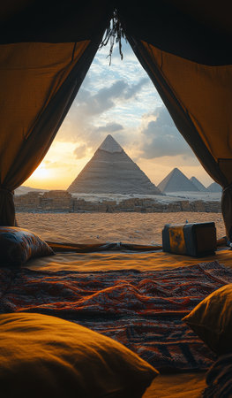 A beautiful sunset casts warm colors over the pyramids of Egypt, seen from inside a cozy desert tent decorated with cushions and a rug. The tranquil setting invites relaxation and reflection.の素材