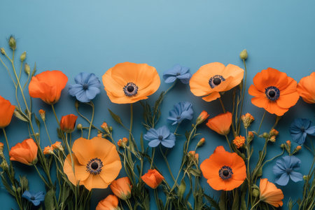 An arrangement of vibrant orange poppies and blue flowers contrasts against a teal background, creating a visually striking display of natures beauty and color.の素材
